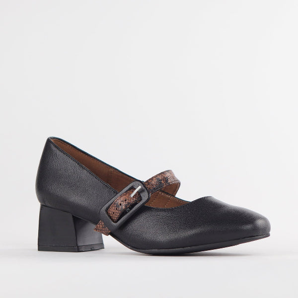 Froggie Shoes Mary Jane Block Heel Court in Black Multi - 12606
