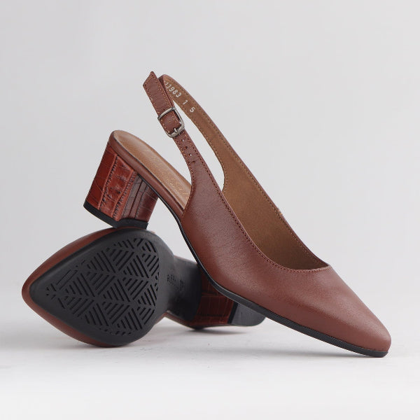 Froggie Shoes Pointed Block Heel Slingback Sandal in Chestnut Multi - 12613