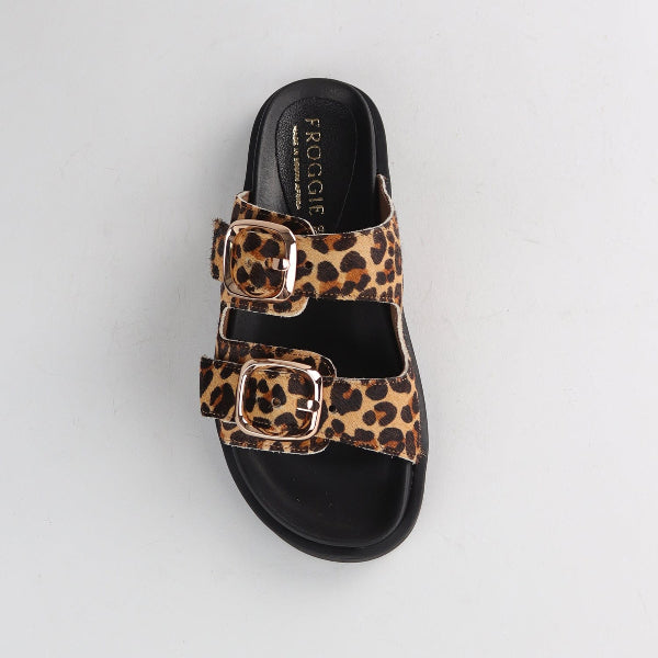 Froggie Shoes Shoes Double Buckle Slide in Cheetah Tan Multi - 12681