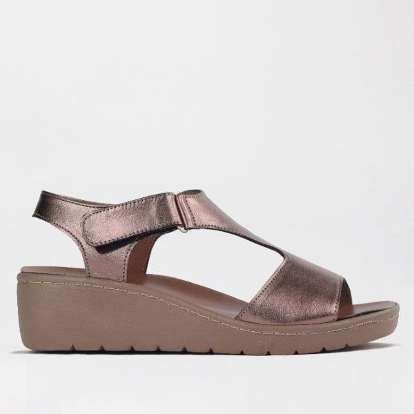 T-Bar Wedge Sandal with Removable Footbed in Lead Metallic