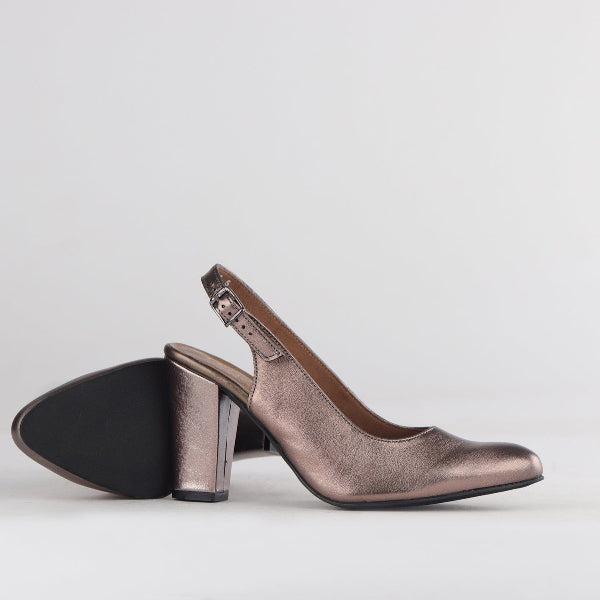 Froggie Shoes Shoes Block Heel Slingback in Lead Metallic - 12790