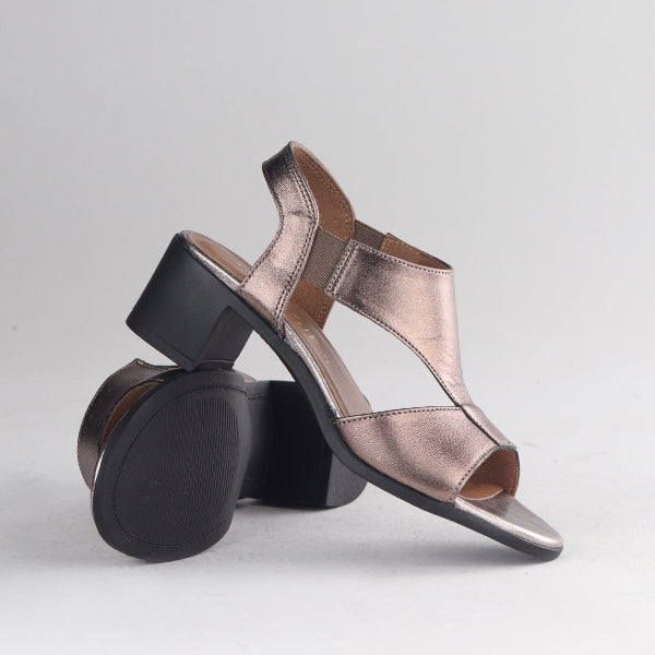 Factory Shop Shoes Block Heel T-bar Slingback Sandal in Lead Metallic - 12944