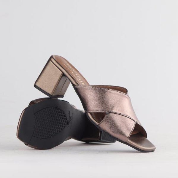 Froggie Shoes Shoes Crisscross Block Heel Mule Sandal in Lead Metallic - 12738
