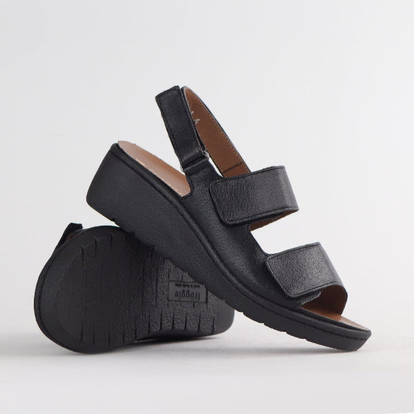 Froggie Shoes Shoes Double Band Wedge Slingback Sandal with Removable Footbed in Black - 12533