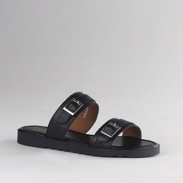 Factory Shop Shoes Double Buckle Slide in Black - 12919