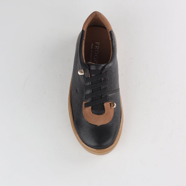 Froggie Shoes Shoes Elasticated lace-up Sneaker with Removable Footbed in Black/Tobacco - 12843