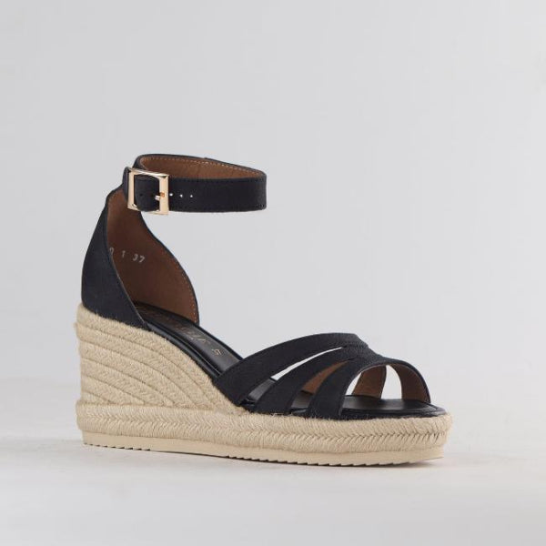 Froggie Shoes Shoes Espadrille Ankle Strap Wedge Sandal in Black - 12682