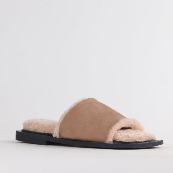 Froggie Shoes Shoes Flat Mule Sandal with Genuine Sheepskin lining in Stone - 12710