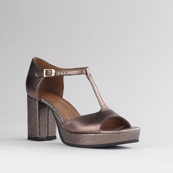 Froggie Shoes Shoes High Heel Platform T-Bar Sandal in Lead Metallic - 12858