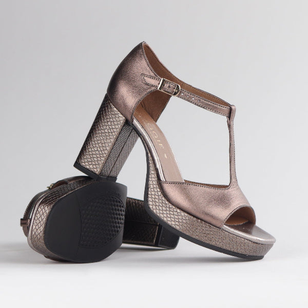 Froggie Shoes Shoes High Heel Platform T-Bar Sandal in Lead Metallic - 12858