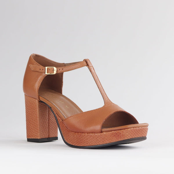 Froggie Shoes Shoes High Heel Platform T-Bar Sandal in Tan - 12858