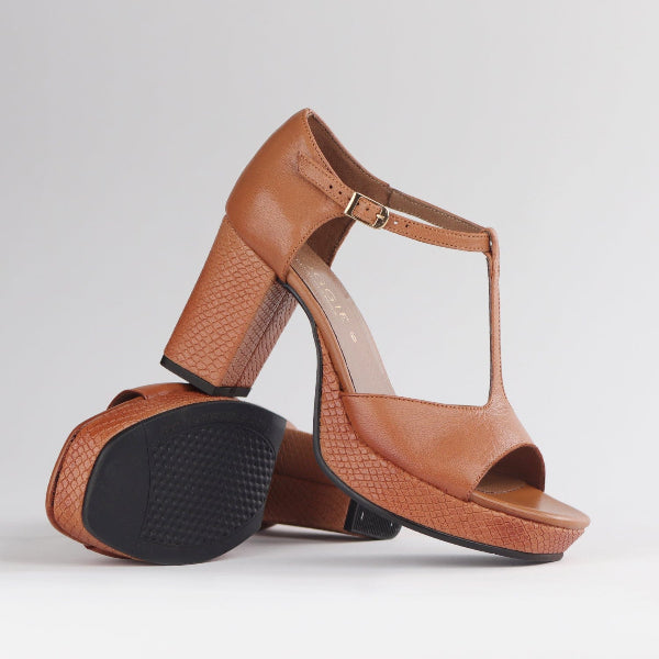 Froggie Shoes Shoes High Heel Platform T-Bar Sandal in Tan - 12858