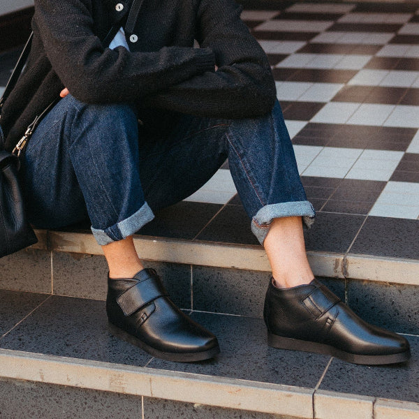 Froggie Shoes Shoes Square Toe Ankle Boot with Velcro Strap in Black - 12768