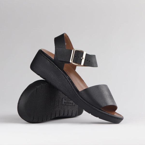 Froggie Shoes Shoes Double Band Wedge Slingback Sandal with Removable Footbed in Black - 12877
