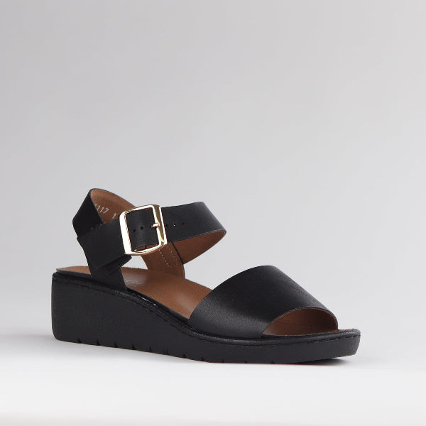 Froggie Shoes Shoes Double Band Wedge Slingback Sandal with Removable Footbed in Black - 12877