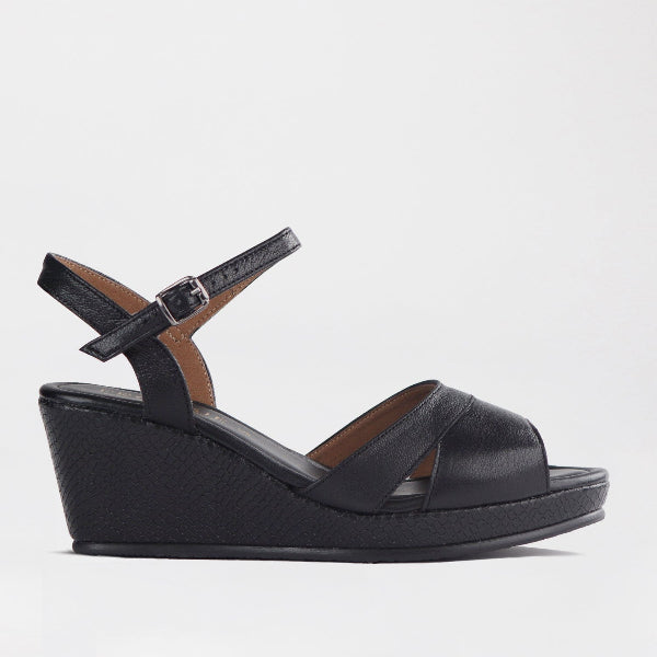 Slingback Peep Toe Wedge Sandal Black Multi Froggie Leather