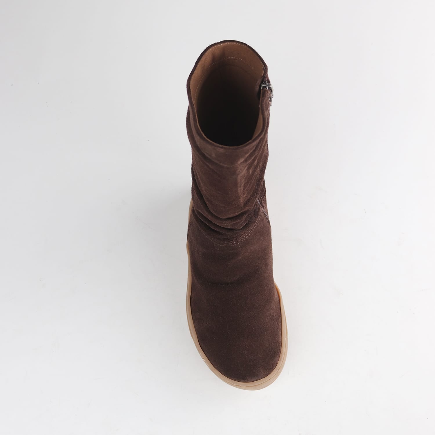 Women’s Froggie ruched mid-calf boots in brown suede style 12986 featuring a soft suede upper, cushioned insole, and laid-back fashion look.
