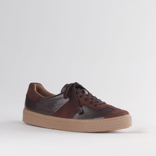 Froggie Shoes Women’s Retro Lace-up Sneaker-Brown Leather and Suede -13036 - side - angle