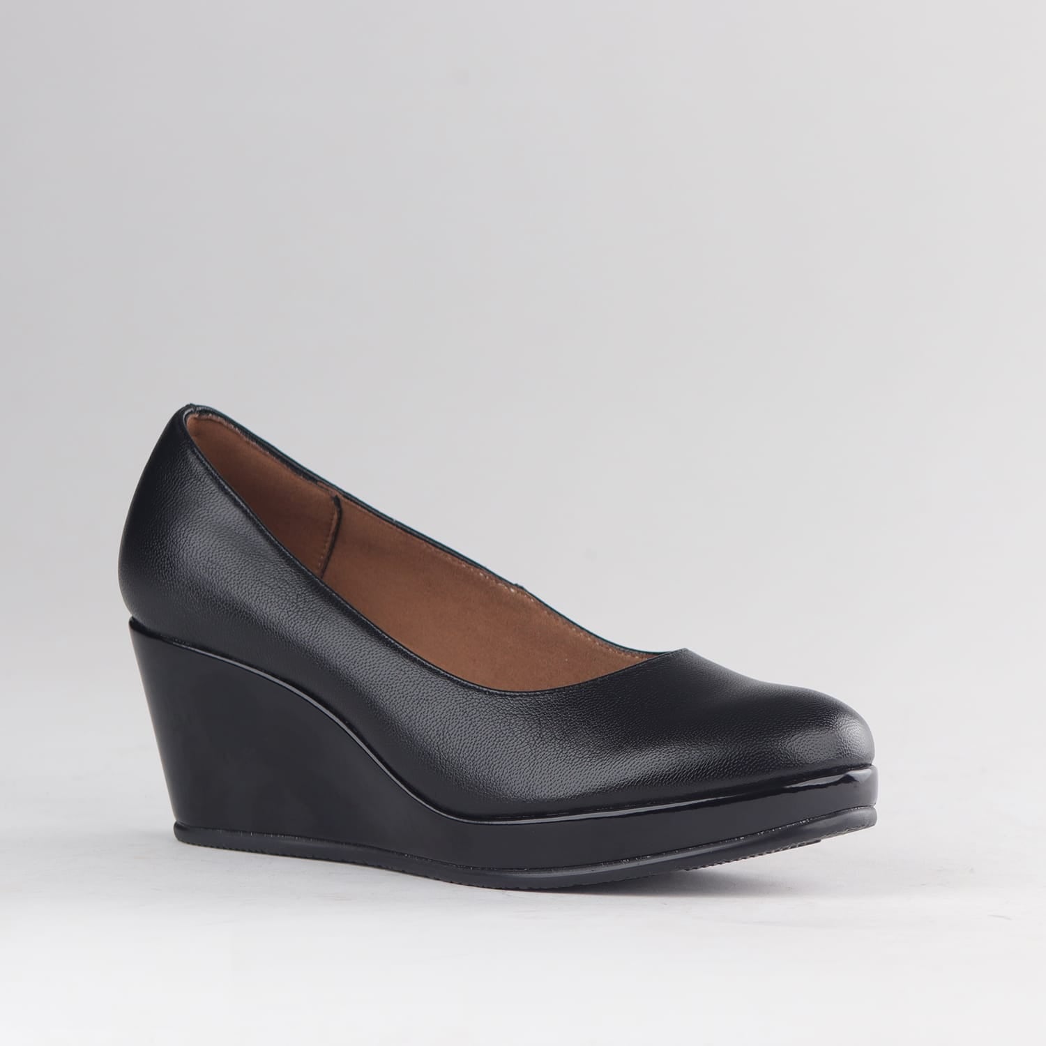 Froggie Shoes Shoes Froggie Women’s Wedge Pump- Black Leather and Patent Leather- 11168