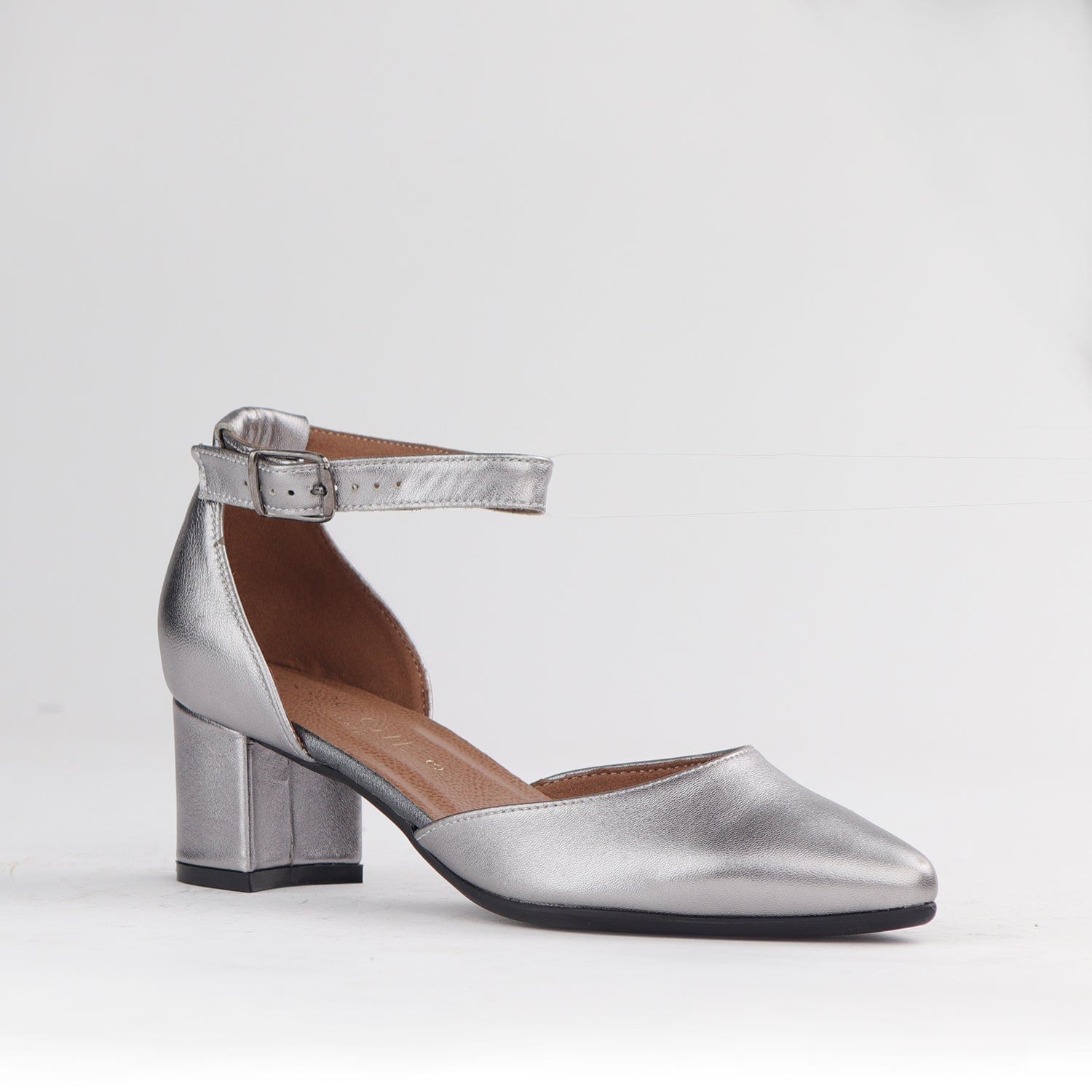 Froggie Shoes Shoes Pointed Block Heel with Ankle Strap in Pewter - 12802