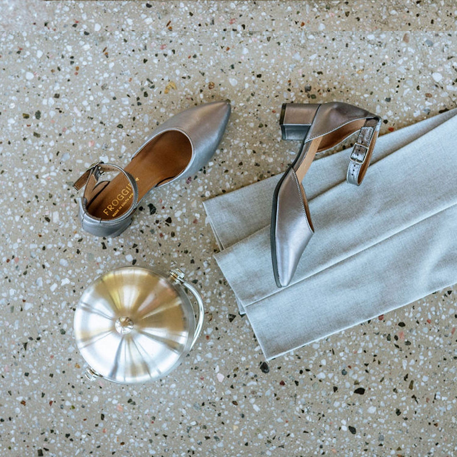 Froggie Shoes Shoes Pointed Block Heel with Ankle Strap in Pewter - 12802