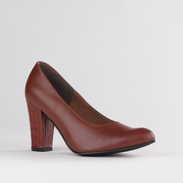 Froggie Shoes Shoes Pointed Court Shoes with Block High Heel in Chestnut - 12625