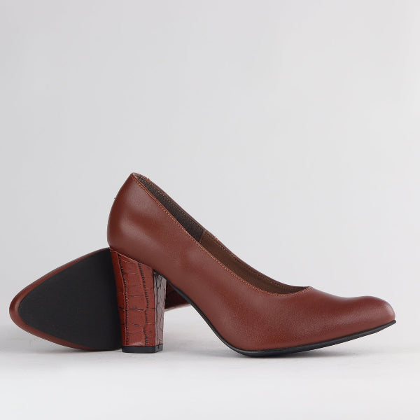 Froggie Shoes Shoes Pointed Court Shoes with Block High Heel in Chestnut - 12625