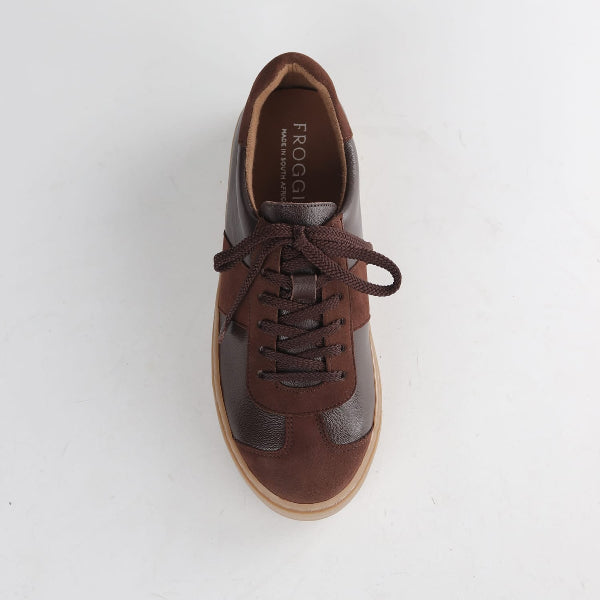 Froggie Shoes Women’s Retro Lace-up Sneaker-Brown Leather and Suede -13036 - top angle