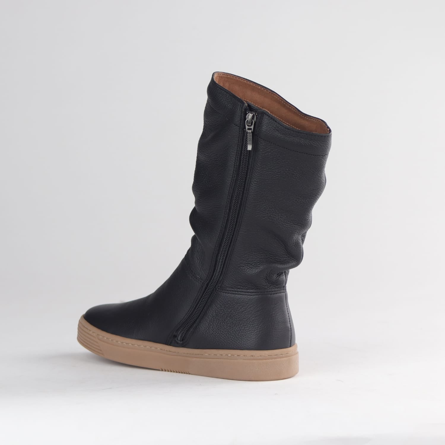 Women’s Froggie ruched mid-calf boots in black leather offering a relaxed slouch design, cushioned insole and versatile casual style - 12986.