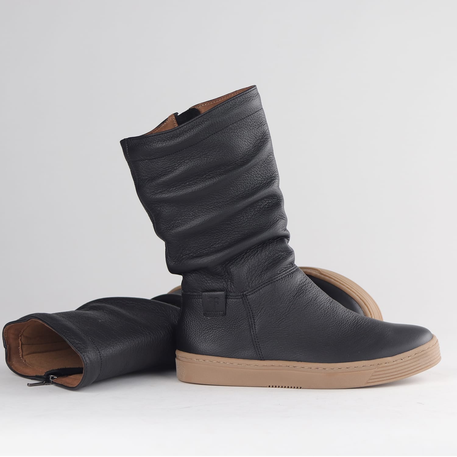 Froggie mid-calf boot for women in black leather with ruched upper, sleek silhouette, and practical side zipper for convenience- 12986.