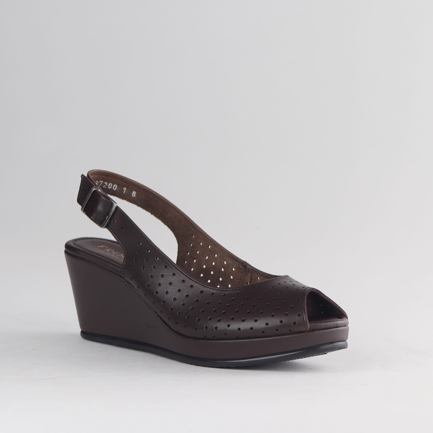 Factory Brown Women’s Slingback Wedge- Punch Detail-Peep Toe- Brown leather- 13047 - side angle