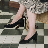Pointed Block Heel Court Shoes in Black Suede 