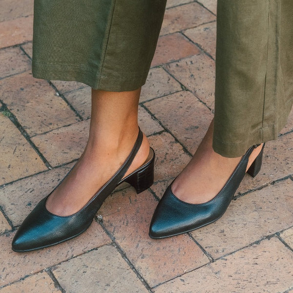 Pointed Block Heel Slingback Sandal in Black - 12613 - Froggie Shoes