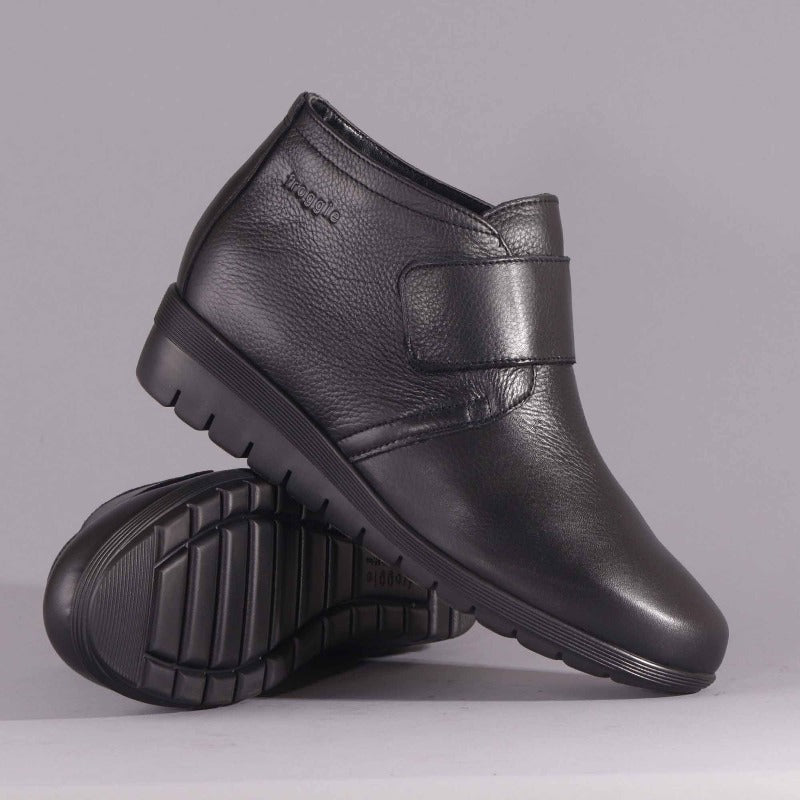 Wider Fit Ankle Boot with Velcro Strap in Black - 12251 - Froggie Shoes