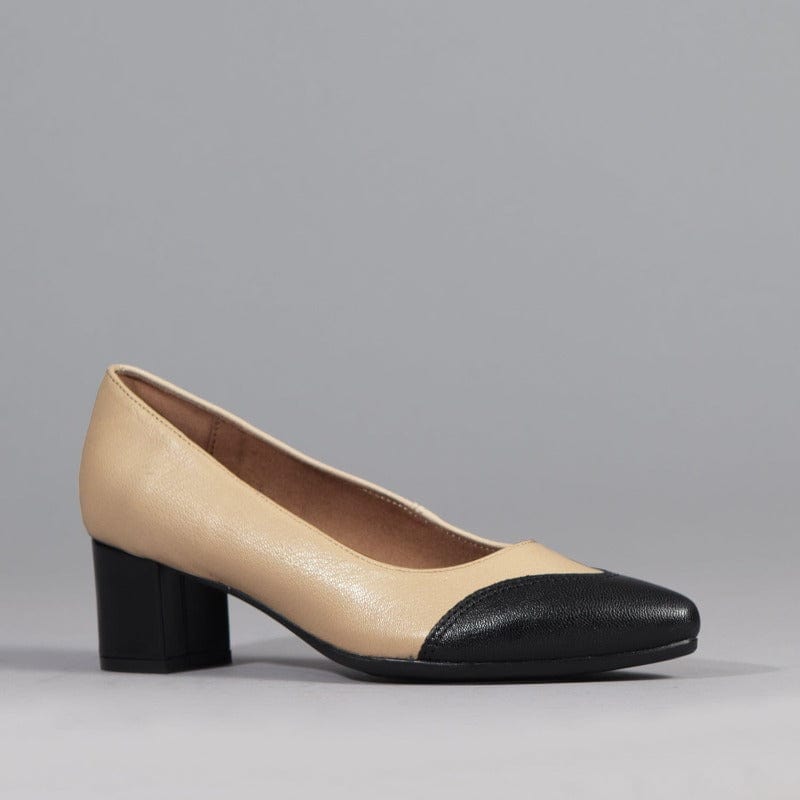 Pointed Block Heel Court Shoe in Cream Multi