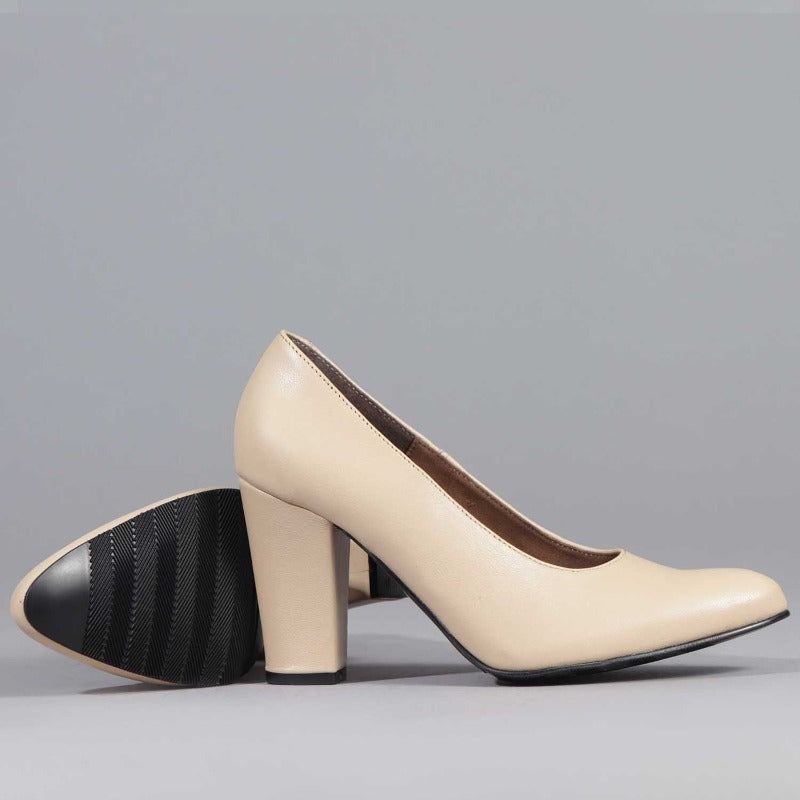 Pointed Court Shoes with Block High Heel in Cream