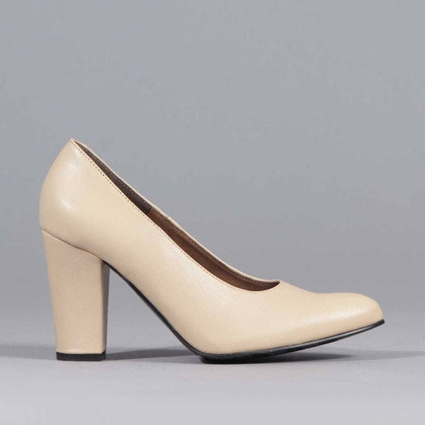 Pointed Court Shoes with Block High Heel in Cream - 12625