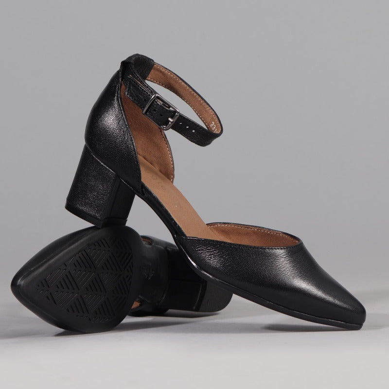 Froggie Pointed Block Heel with Ankle Strap in Black - 12627 Froggie Shoes