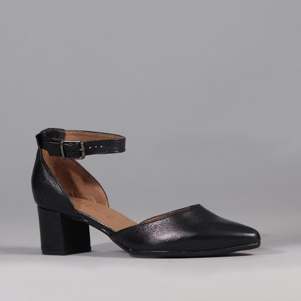 Froggie Pointed Block Heel with Ankle Strap in Black - 12627 Froggie Shoes