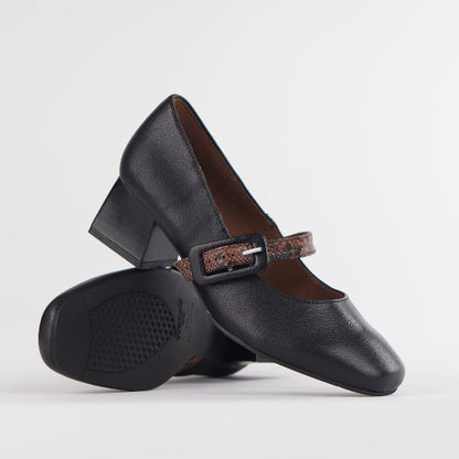 Froggie Shoes Mary Jane Block Heel Court in Black Multi - 12606