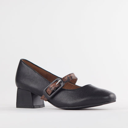 Froggie Shoes Mary Jane Block Heel Court in Black Multi - 12606
