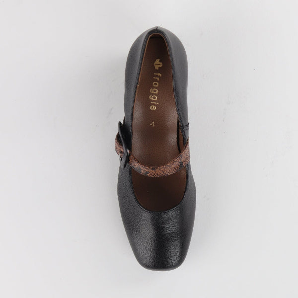 Froggie Shoes Mary Jane Block Heel Court in Black Multi - 12606