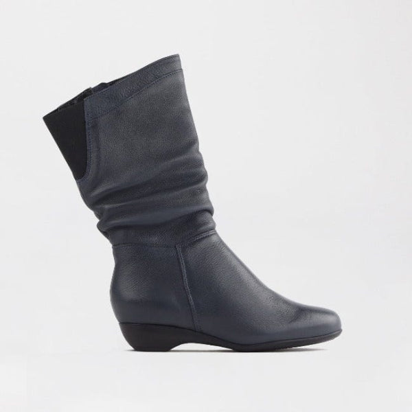 Factory Shop Shoes 4 / Navy / 12527 Ruched Mid-calf Boot in Navy – 12527