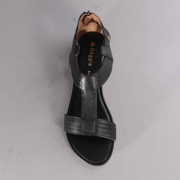 Factory Shop T-Bar Flat Sandal in Black - 12563 - top angle. 