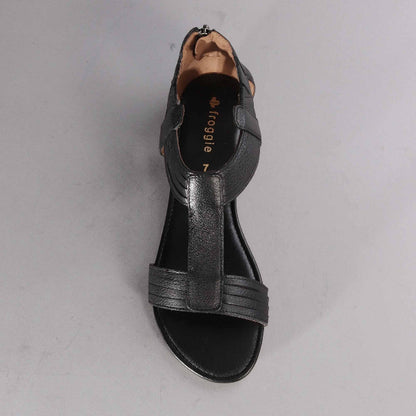 Factory Shop T-Bar Flat Sandal in Black - 12563 - top angle. 