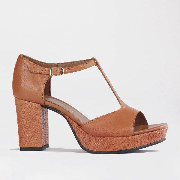 Froggie Shoes Shoes 4 / Tan / 12858 High Heel Platform T-Bar Sandal in Tan - 12858