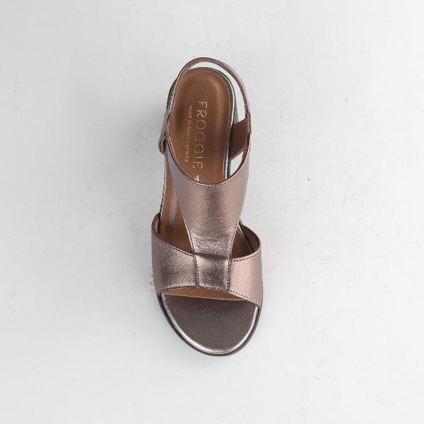 Factory Shop Shoes Block Heel T-bar Slingback Sandal in Lead Metallic - 12944