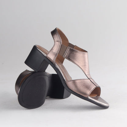 Factory Shop Shoes Block Heel T-bar Slingback Sandal in Lead Metallic - 12944