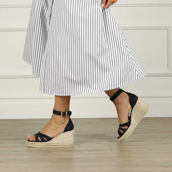 Froggie Shoes Shoes Espadrille Ankle Strap Wedge Sandal in Black - 12682