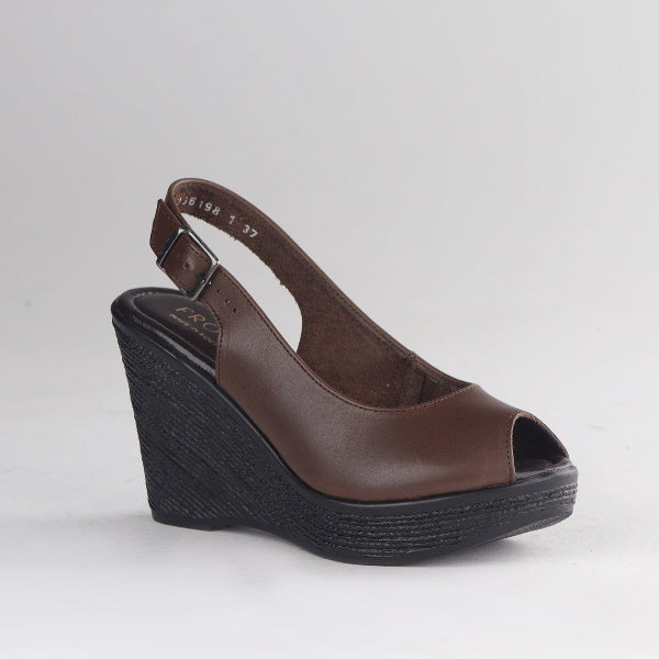Froggie Shoes Shoes Slingback Peep Toe Wedge Sandal in Brown- 12943